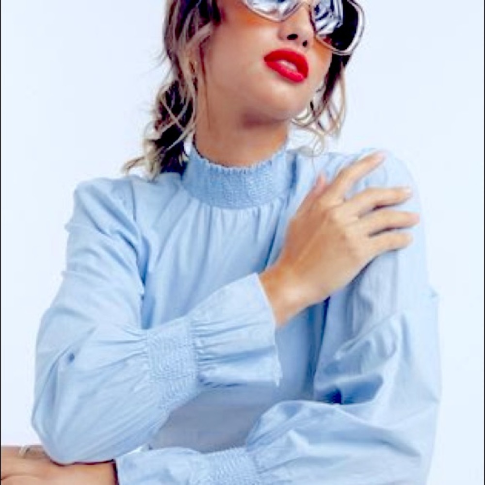 Asos, Puff Sleeve, High Neck, Baby blue blouse